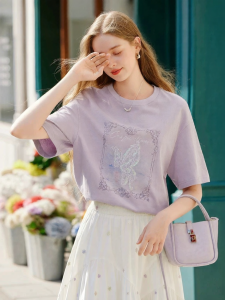 XIANGYING | Purple Butterfly Print Short Sleeve Summer T-shirt