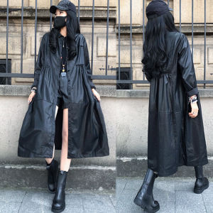 Fashionable Mid-Length High-Waist Square-Neck Black Slimming Leather Jacket Versatile Oversized Early Autumn Outerwear