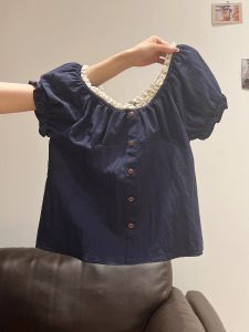 NUMEN BUTTON | Áo Blouse Tay Ngắn Elegance Trẻ Trung Mới Mùa Hè Kiểu Ghép Ren
