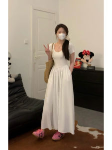 Viiwen Cold Extract Summer Slim Looking U Collar Paperman Short Sleeve Hepburn Style Patchwork French Style A- line Long Dress