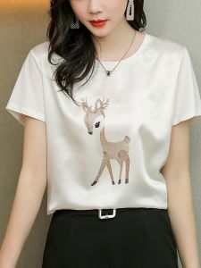 2023 New round Neck Short Sleeve Womens Thin T-shirt Korean Style Spring and Summer Print Loose plus Size Mulberry Silk Half Sleeve Top