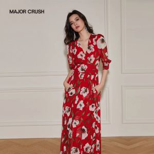French Red Floral Print Long Waist-Cinching Younger Wrap Dress