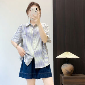 Áo Sơ Mi Cotton Tay Ngắn Mùa Hè Cho Nữ Dáng Rộng Phong Cách Thường Ngày Họa Tiết Sọc Cổ Polo Khóa Cài Chất Liệu Cotton