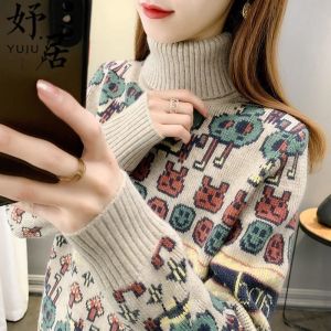 High Collar Knitted Sweater Womens Loose Base Layer Shirt Cartoon Anime Pattern Spring Autumn New Style Yuju Fashionable Cotton