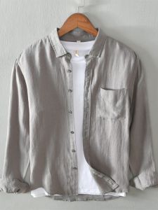 Mens Loose Fit Long Sleeve Linen Shirt Breathable Thin Cotton Linen Casual Versatile Square Collar Solid Color Shirt