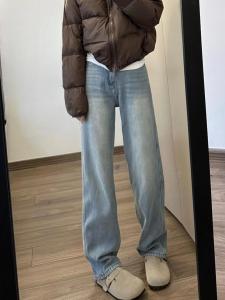 กางเกงยีนส์ทรงตรงเอวสูงทรงหลวมผู้หญิงฤดูใบไม้ร่วง/ฤดูหนาว กางเกงยีนส์ทรงตรงผู้หญิงเอวสูงทรงหลวมทรงสลิมฟิต