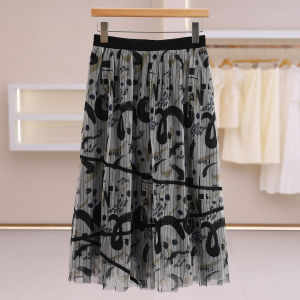 Elastic Waist Over Knee Floral Retro Mesh Half Skirt
