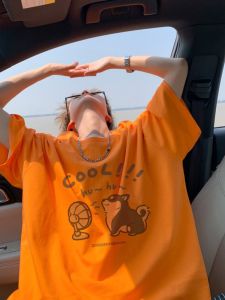 Dopamine Orange Dog T-Shirt Mens Summer Well Combed Cotton Shoulder Heavy Short Sleeve Beachwear American Half Sleeve Printed Youth Fashion