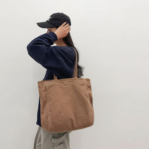 Large Capacity Canvas Tote Bag Women Casual Shopping Bag Single Shoulder Bag Retro Style Double Zipper Soft Handbag Pure Color