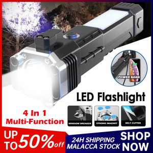 Multifunction LED Flashlight with Car Safety Hammer Seatbelt Cutter Strong Magnetic Side Light COB lampu suluh Portable Torch Light