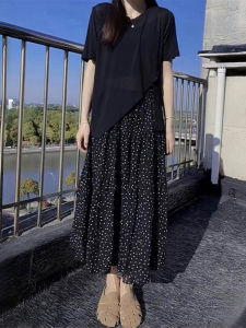 Shalldoer | Summer Outfit Womens Fashion Anti-Aging Asymmetrical Slit Short Sleeve T-Shirt Polka Dot Mini Skirt Two-Piece Set Round Neck