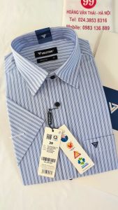 [Việt Tiến] Áo Sơ Mi Ngắn Tay - Regular (Suông) - Vạt Vuông -Kẻ sọc xanh