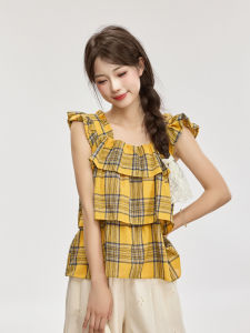 เสื้อเชิ้ตแขนกุดคอเหลี่ยมลายสก็อตสีเหลืองสไตล์ย้อนยุคสำหรับผู้หญิงในช่วงฤดูร้อน เสื้อผ้าทำงานแขนกุดแบบสวมหัว