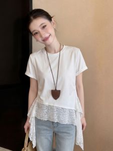 Lace Splicing Short Sleeve T-Shirt Slim Fit for Plus Size Women New Irregular Ribbon