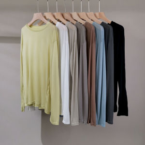 Mirendane Womens Summer Thin Long Sleeve round Neck T-Shirt Loose Fit Silk Blend Sun Protection Top Korean Style Classic Solid Color