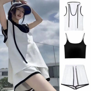 Fashionable Casual Womens Summer Outfit Polyester Two-Piece Set Hooded No Sleeve Vest Wide Leg Shorts Three-Piece Set