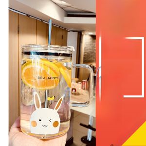 Cốc Thủy Tinh 1000ml Dung Tích Lớn Có Ống Hút Và Nắp Chịu Nhiệt Văn Phòng Trà Nữ Đặc Biệt Mùa Hè Phong Cách Hàn Quốc Hình Tròn