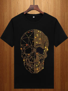 Summer round Neck Skeleton Head Rhinestone Short Sleeve T-Shirt for Young Men Fashionable Urban Style Cool Feeling Modal Cotton Blend