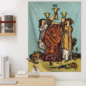 VIKAMA Four of Wands Tarot Card Wall Tapestry Yellow Background Staff Arch Garland Castle Celebration Mystical Occult Decor Soft