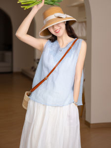 XIAOER | Slender 100% Ramie Embroidery Light Thin V-Neck Flattering Tank Top