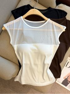 GUZILIAN | Spicy Mesh Spliced Round Neck Sleeveless T-Shirt Short Style With Padding