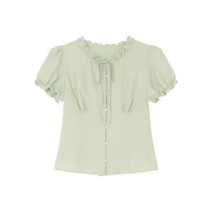 XXNING | Wooden Ear Trim Round Neck Tie-up Slim Fit Shirt Womens Autumn New Design