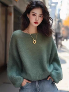 Super Stylish Green Soft Plush Bear Knitwear Womens Early Autumn New Style round Neck Overhead Long Sleeve Polyester Fiber