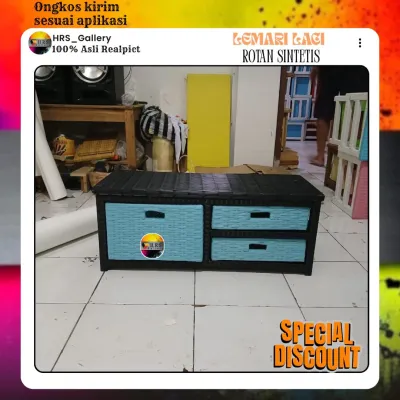 (Ready Stok)meja tv lemari laci 3 mini rotan sintetis harga langsung pengraji