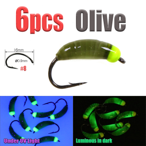 6pcs/7pcs Ice Fishing Luminous & UV Brass Bead Head Caddis Larvae Nymph Fast Sinking Bug Worm Fly Insect Baits Trout Lures Pesca