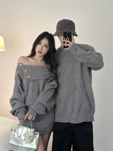 Gray情侣装针织宽松长袖圆领毛衣裙男女時尚秋冬季百搭针織