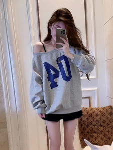 เสื้อฮู้ดคอกลมแขนยาวทรงหลวมสำหรับผู้หญิง ทรงหลวม ปกติ ฤดูใบไม้ร่วง 2024 เสื้อฮู้ดแบบมีฮู้ดพิมพ์ลายตัวอักษรแนวไหล่ข้างเดียวสไตล์ลำลองสำหรับผู้หญิง