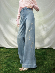 SUSHE | Fusion Light Chinese Style Butterfly Rhinestone High Waist Flared Trousers Bell-bottom Floor Length Jeans