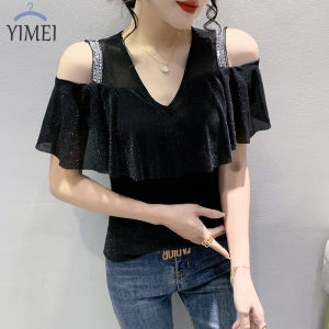 YIMEI ÁO TRỄ VAI Quyến Rũ Cho Nữ 2023 Xuân Hè Mới Áo Thun Nữ Cổ Chữ V Áo Lưới Cảm Giác Thiết Kế Leaf Kim Cương Nổi Bật