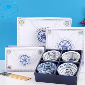 Bộ 6 Chén Sứ Hoa Lam Thổ Cẩm Phong Cách Nhật Bản Tặng Kèm 6 Đôi Đũa Tre Cao Cấp