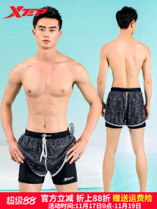 XTEP Mens Flat-Bottom Swimming Trunks Quick-Dry Beach Swimwear Large Size Loose Thermal Bathing Suit Double Layer Comfortable