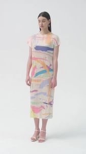 6325 One Size (45-75kg)  Miyake Summer Half High Neck Peplum Pleated Slim Short Sleeve Midi Long Printed Dress Women