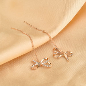Korean Sparkling Zircon Crystal Bow Earrings for Ladies Elegant Long Tassel Dangle Earrings Sweet Party Ear Jewelry Accessories