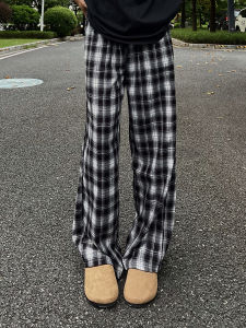 Cleanfit กางเกงขายาวลายสก็อตสีดำขาว ทรงหลวม ทรงหลวม ทรงหลวม กางเกงขายาวทรงตรงลำลองสำหรับผู้ชาย