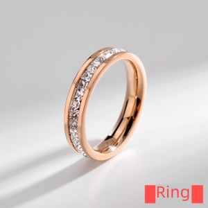 Rose Gold Titanium Steel Ring Womens Single Row Diamond Embedded Silver Zirconia Stone Ring Stylish Fashion Jewelry Accessory