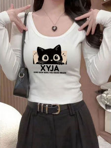 Slim Fit Long Sleeve U-Neck T-Shirt Womens Print New Early Autumn White Base Shirt Shoulder U-Neck Short Top Commute Style Korean Version