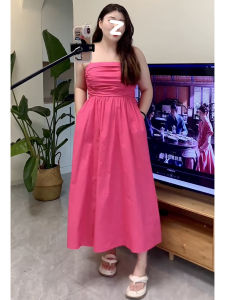 Large Size Womens Fashion Designer Red Berry Ruched Sleeveless Dress High Waist Long Summer Slimming Pure Color Single-piece Pullover