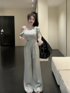 VKSOD | Gray Shoulder Slant Short Top Womens Summer Casual Wide Leg Pants Two-Piece Set Korean Style Hot Girl Complete Ensemble
