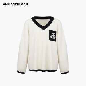 ANN ANDELMAN | V-neck Contrast Color Pullover Knitted Long-sleeved Shirt