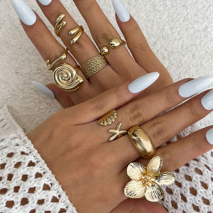 Ingemark | Ingemark 8Pcs/Set Vintage Metal Petal Flower Water Drop Open Rings for Women Trend 2025 Goth Geometric Ring Daily Jewelry Gift