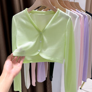 Summer Short Ice Silk Knitted Open Cardigan Womens Outerwear Air Conditioning Sun Protection Long Sleeve Thin Outer Jacket Skirt Shoulder Wrap