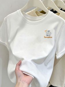 Áo Thun Cotton Tay Ngắn Màu Trắng Cho Nữ Mùa Hè 2025 Thiết Kế Độc Đáo Cổ Tròn Dáng Rộng Thoải Mái Chất Liệu Cotton Thoáng Khí