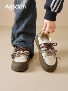 Womens Thick Bottom Dequn Shoes Brown Ballet Style Casual Fashion Sneakers Autumn Season round Toe Cross Lacing Rubber Sole