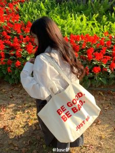 Luself Spring Summer New Double-Sided Canvas Tote Bag Simple Letter Versatile Large Capacity Single Shoulder Bag Casual Korean Style