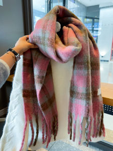 Korean Style Thickened Plaid Fringed Scarf Warm Winter Versatile Large Size Soft Pink Shawl for Students Youth Adults Women