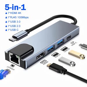kebidumei | KEBIDUMEI 5 in 1 USB C HUB to 4K30Hz HDMI RJ45 PD100W USB3.0 5Gbps Splitter for PC MacBook Laptop Accessories Docking Station